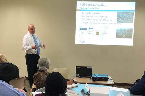 MoDOT staff presented an overview of the I-270 North Design Build project at the first Community Advisory Group meeting held from 4:00 p.m. until 6:00 p.m. on Tuesday, January 30, 2018 at Hazelwood Civic Center East