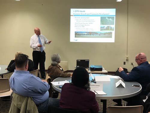 MoDOT staff presented an overview of the I-270 North Design Build project at the first Community Advisory Group meeting held from 4:00 p.m. until 6:00 p.m. on Tuesday, January 30, 2018 at Hazelwood Civic Center East.