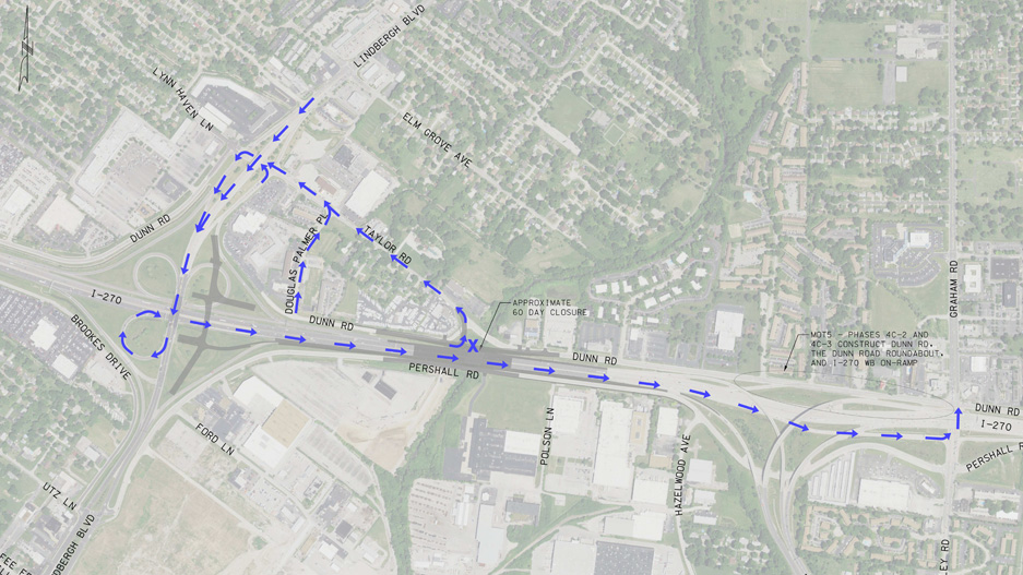 Map showing expected location of Eastbound Dunn Road closure between bridge over Coldwater Creek and Hanley/Graham
