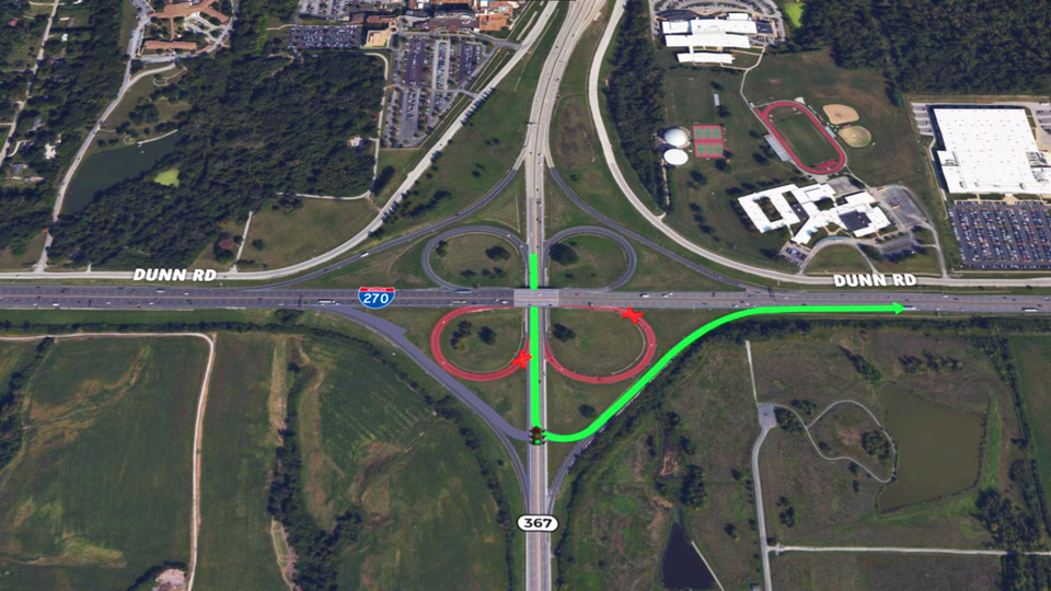 Map showing the closing of the loop ramp from southbound 367 to Eastbound I-270. Southbound traffic is left at a temporary traffic signal to go east.
