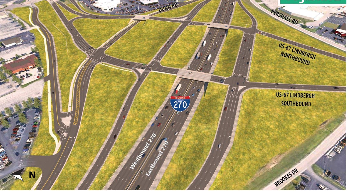 The rendering in this picture highlights the new design for the I-270 and Lindbergh Interchange looking from the east. Once constructed this interchange is designed to improve safety and mobility, while increasing connectivity and potentially offering increased economic development to the area. Specifics of this interchange will be provided at the public meeting in winter 2020.