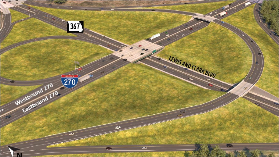 The rendering in this picture illustrates the improved interchange design for the I-270 and Route 367 Interchange. By designing and building a directional ramp from Eastbound 270 to Northbound 367 will provide a more robust solution to this heavily traveled movement. Specifics of this interchange will be provided at the public meeting in winter 2020.