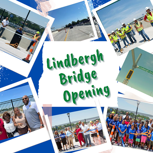 Collage of highway workers, elementary students, and other attendees at Lindbergh Bridge ribbon-cutting